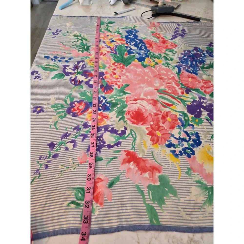 VTG 1980's Ralph Lauren Silk Scarf 34x34 Blue White Striped Floral Cottagecore